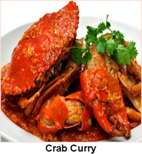 Crabs cooked in dry grated coconut, coconut milk, cilantro and spices